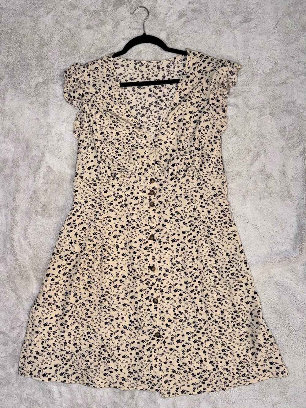 Floral Ruffle Sleeve Button Front Mini Dress Cottagecore Boho Cream Black